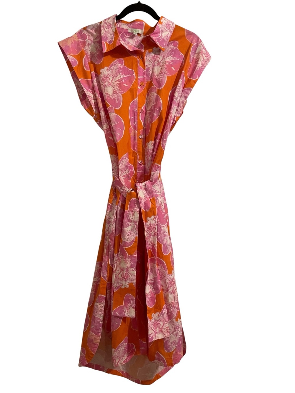 JADE MELODY TAM Floral Midi Cotton Shirt Dress in Orange Pink Orchid Print
